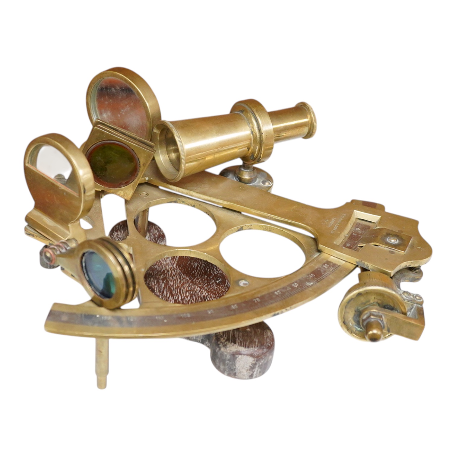 A late 19th century brass sextant by Ryland & Son Ltd. London, with later oak grip